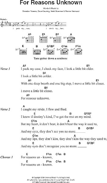 For Reasons Unknown - Guitar Chords/Lyrics, New, Main
