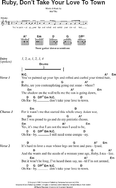 Ruby, Don't Take Your Love To Town - Guitar Chords/Lyrics, New, Main