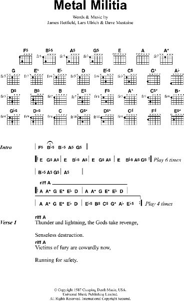 Metal Militia - Guitar Chords/Lyrics, New, Main