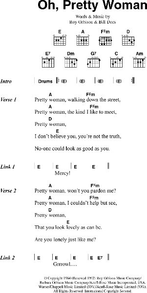 Oh, Pretty Woman - Guitar Chords/Lyrics, New, Main