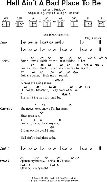 Hell Ain't A Bad Place To Be - Guitar Chords/Lyrics, New, Main