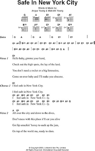 Safe In New York City - Guitar Chords/Lyrics, New, Main