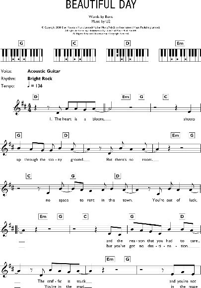 Beautiful Day - Piano Chords/Lyrics, New, Main