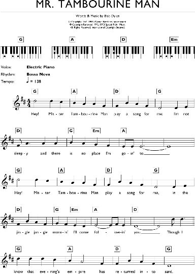 Mr. Tambourine Man - Piano Chords/Lyrics, New, Main