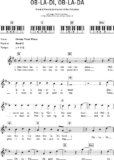 Ob-La-Di, Ob-La-Da - Piano Chords/Lyrics, New, Main