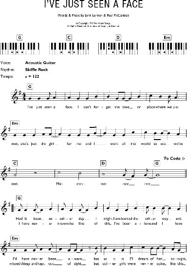 I've Just Seen A Face - Piano Chords/Lyrics, New, Main