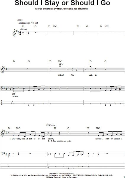 Should I Stay Or Should I Go - Bass Tab, New, Main