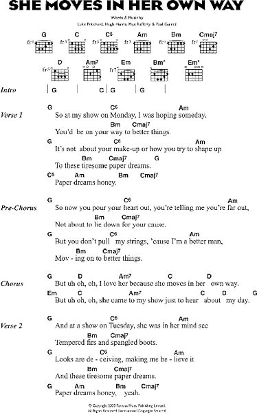 She Moves In Her Own Way - Guitar Chords/Lyrics, New, Main
