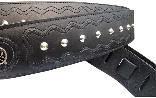 Vorson A610113 Leather Guitar Strap with Single Studs, Black, Closeup 2