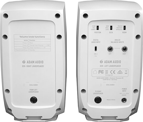 ADAM Audio D3V Active Desktop Studio Monitors, White, Pair, Action Position Back