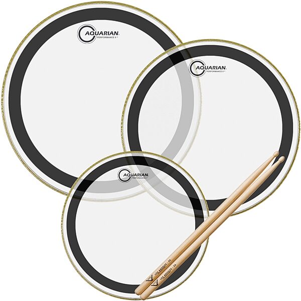 Aquarian Performance-2 Clear Drumhead, 10 inch, 12 inch, 14 inch, Pack, with 5AW Sticks, pack