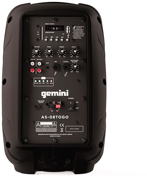 Gemini AS-08TOGO Powered Bluetooth Speaker, New, Back