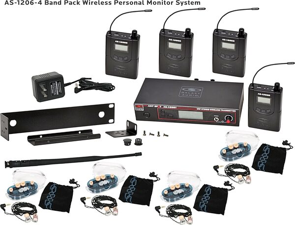 Galaxy Audio AS-1206 Any Spot Wireless In-Ear Monitor System with EB6 Earbuds, AS-1206-4, Band D, 4-Pack, Warehouse Resealed, Main with all components Front