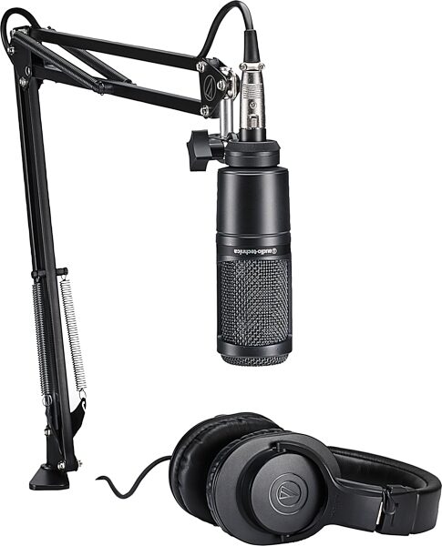 Audio-Technica AT2020 Studio Condenser Microphone, Black, Pack with ATH-M20x Headphones and Desktop Boom Arm, Action Position Back