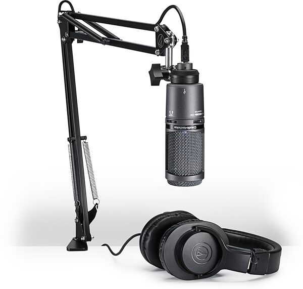 Audio-Technica AT2020 USB Plus Condenser Microphone, Charcoal Gray, Bundle with ATH-M20x Headphones and Desktop Boom Arm, USED, Blemished, Package