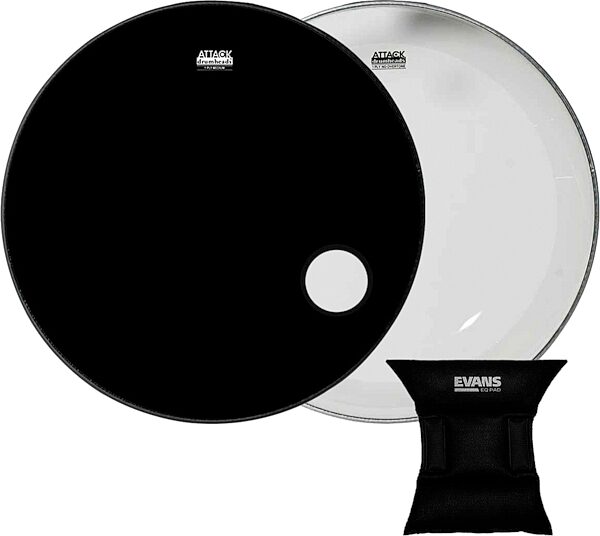 Attack No Overtone Ported Black Bass Drumhead, 22 inch, with Attack No Overtone Clear Bass Head (22 Inch), pack