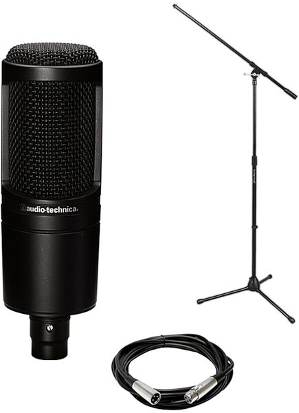Audio-Technica AT2020 Studio Condenser Microphone, Black, with Tripod Boom Stand and Mic Cable, Package