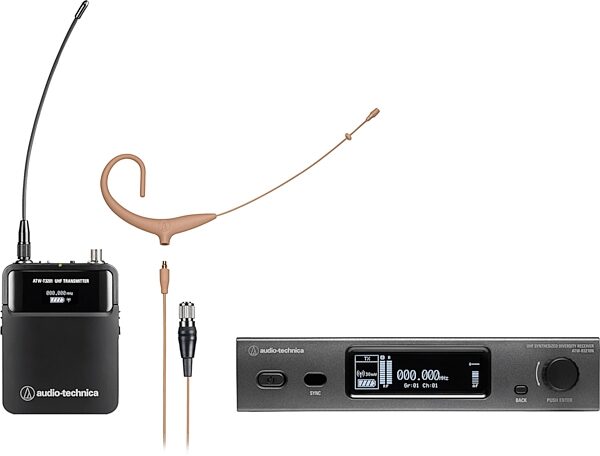 Audio-Technica ATW-3211N892X 3000 Series Wireless Headworn Microphone System (Network-Enabled), Beige, Band DE2: 470.125 to 529.975 MHz, Action Position Back