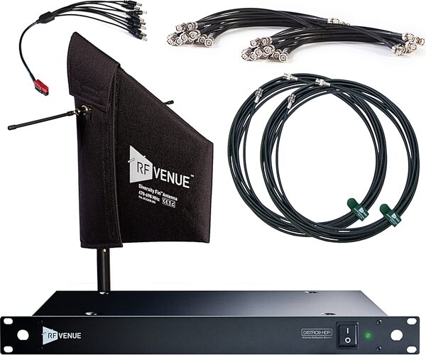 RF Venue DISTRO9 HDR Distribution System + DFin Diversity Fin Antenna Bundle, Black Antenna, with Padded Cover and Threaded Stand Mount, Package