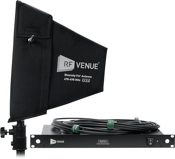 RF Venue Diversity Fin Antenna and DISTRO4 Distribution System Bundle, Black Antenna, with Padded Cover and Threaded Stand Mount, Action Position Back