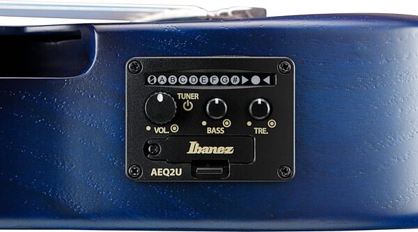 Ibanez AUP10FMNE Tenor Ukulele (with Gig Bag), Transparent Blue Sunburst, Action Position Back