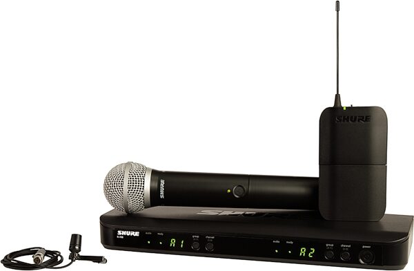 Shure BLX1288/CVL Combination Wireless CVL Lavalier and PG58 Handheld Microphone System, Band J11 (596-616 MHz), Open Box (Very Good), Action Position Back