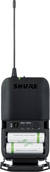 Shure BLX1288/MX53 Dual-Channel Combo SM58 Handheld and MX153 Earset Wireless Microphone System, Band H10 (542-572 MHz), Bodypack Front Battery Detail