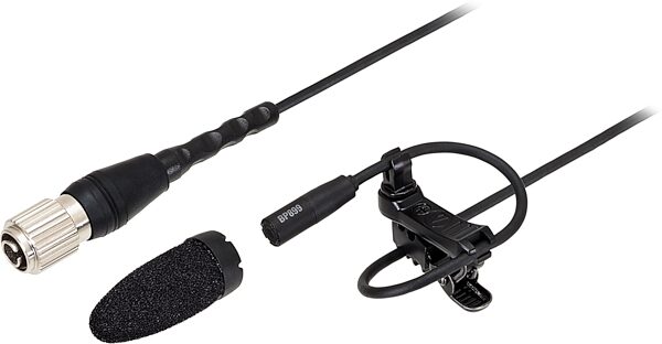 Audio-Technica BP899 Subminiature Omnidirectional Condenser Lavalier Microphone, Black, Wired - XLR Battery Power Module, Action Position Front