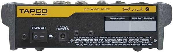 Tapco by Mackie Blend 6 Compact 6-Channel Mixer, Rear