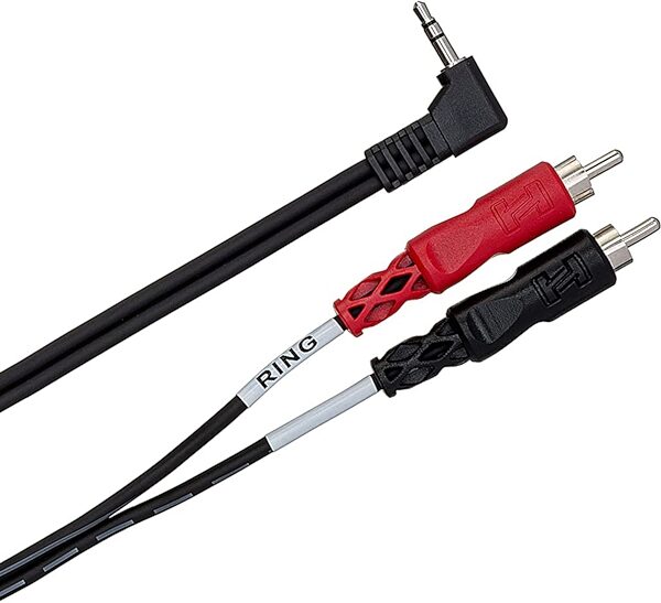 Hosa Stereo Right Angle 1/8" TRS to Two RCA Cable, 3 foot, CMR-203R, Action Position Back