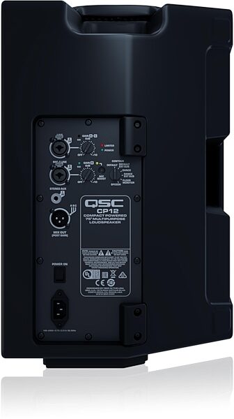 QSC CP12 Compact Powered Loudspeaker, Pair, Bundle with Cables, Stands, and Totes, Rear