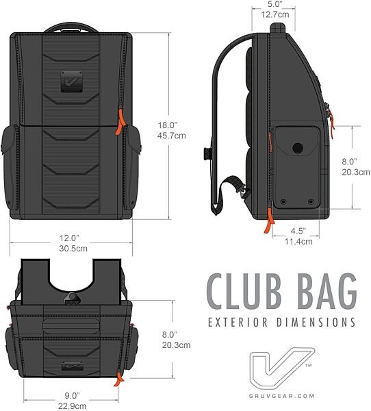 Gruv Gear Club Bag Tech Backpack, Black/Orange, VB02-BLK, Exterior Dimensions