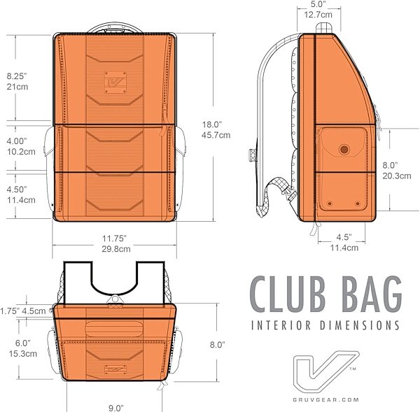 Gruv Gear Club Bag Tech Backpack, Black/Orange, VB02-BLK, Interior Dimensions