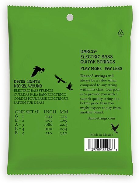 Darco 5-String Electric Bass Strings, 45-130, Light, D9705, Main Back