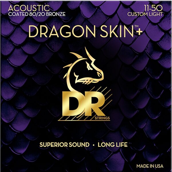 DR Strings Dragon Skin Plus Coated 80/20 Bronze Acoustic Guitar String Set, Custom Light, 11-50, 80/20 Bronze, Action Position Back