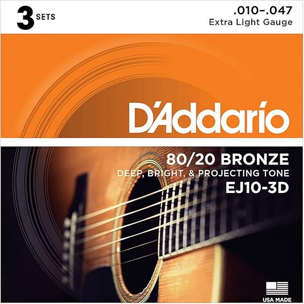 D'Addario 80/20 Bronze Acoustic Guitar Strings, 10-47, EJ10, Extra Light, 3-Pack, Action Position Back