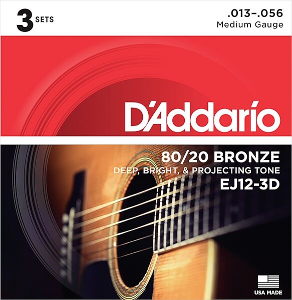 D'Addario 80/20 Bronze Acoustic Guitar Strings, 13-56, EJ12, Medium, 3-Pack, Action Position Back