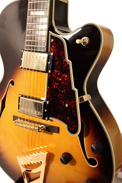D'Angelico EXDH Hollowbody Electric Guitar (with Case), Vintage Sunburst Closeup 2