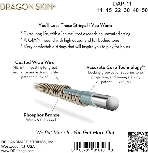 DR Strings Dragon Skin Plus Coated Phosphor Bronze Acoustic String Set, Custom Light, 11-50, Phosphor Bronze, Boxshot Back