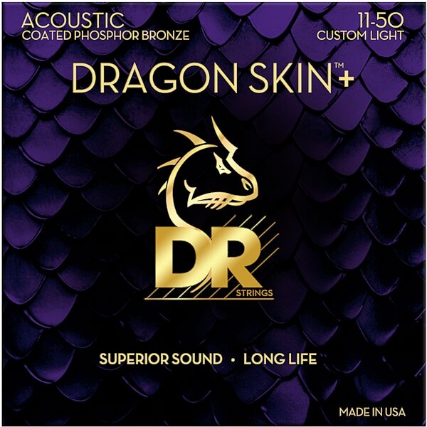 DR Strings Dragon Skin Plus Coated Phosphor Bronze Acoustic String Set, Custom Light, 11-50, Phosphor Bronze, Action Position Back
