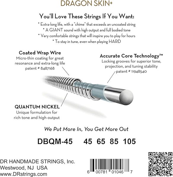 DR Strings Dragon Skin Plus Coated Quantum Nickel 4-String Bass Set, Medium Multi-Scale, 45-105, DBQM-45, Tapered, Boxshot Back