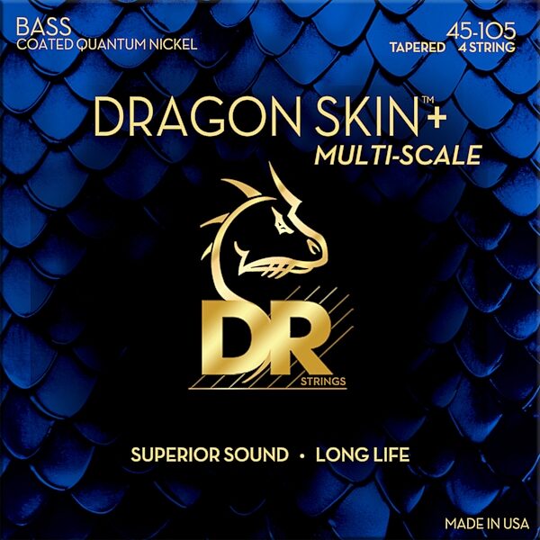 DR Strings Dragon Skin Plus Coated Quantum Nickel 4-String Bass Set, Medium Multi-Scale, 45-105, DBQM-45, Tapered, Action Position Back