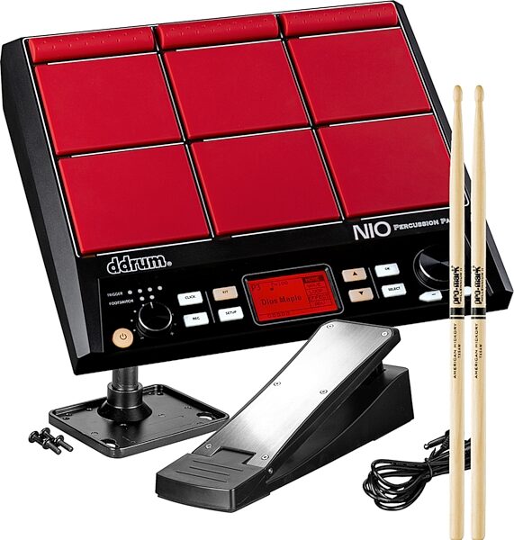 ddrum NIO Electronic Percussion Pad, With Mount, Pedal, and Sticks, pack