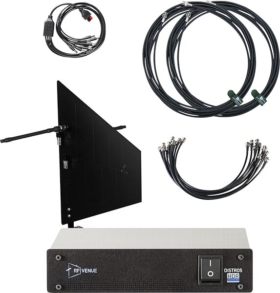 RF Venue DISTRO5 HDR Antenna Distribution System and Diversity Fin Wall-Mount Antenna Bundle, Black, Action Position Back