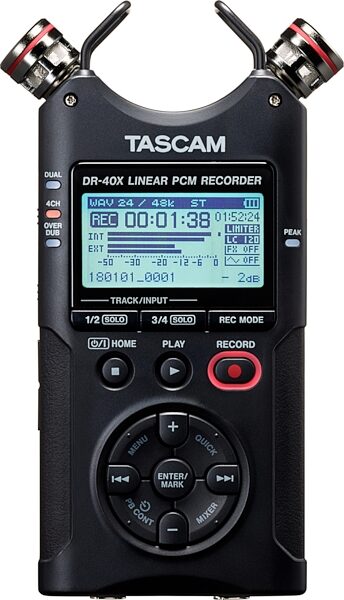 TASCAM DR-40X 4-Track Handheld Digital Audio Recorder and USB Audio Interface, New, Detail Front