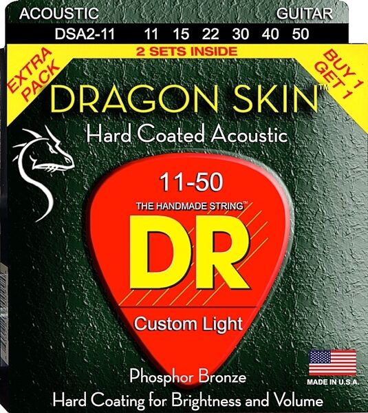 DR Strings Dragonskin Clear-Coated Acoustic Guitar Strings, 11-50, DSA11, Custom Light, 2-Pack, DSA11