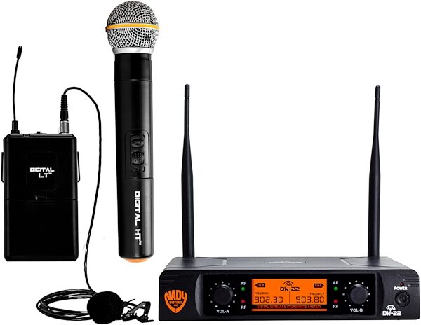 Nady DW-22 Dual Transmitter Digital Wireless Handheld and Lavalier Microphone Combination System, Action Position Front