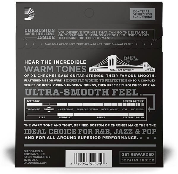 D'Addario ECB81-5 Chromes Flatwound Bass Strings (Light, 5-String, Long Scale), New, view