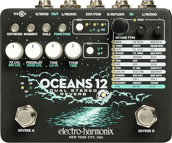 Electro-Harmonix Oceans 12 Dual-Stereo Reverb Pedal, Warehouse Resealed, Action Position Back