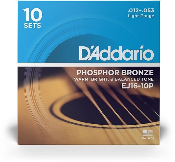 D'Addario EJ16 Phosphor Bronze Acoustic Guitar Strings (Light, 12-53), 10-Pack, view